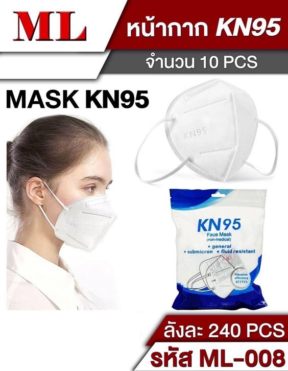 ผ้าปิดจมูก หน้ากาก N95 สีขาว แพ็ค 1x10 ทรง3มิติ (1*240)