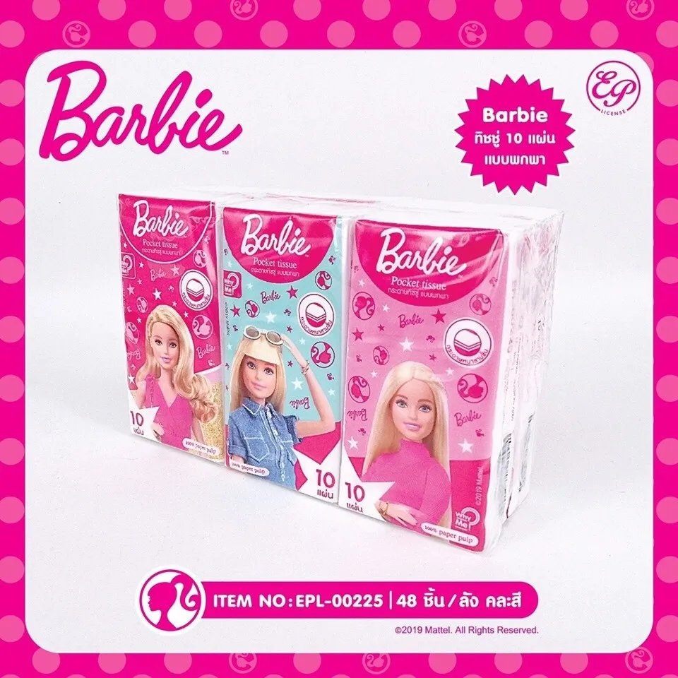 กระดาษทิชชู่แบบพกพา10แผ่น Barbie (1*12)ลิขสิทธ์ถูกต้อง