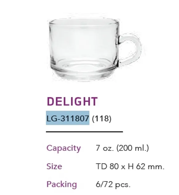 แก้วหู (311807) แก้วกาแฟ DELIGHT ใส 7 Oz. (200ml.) 1*72