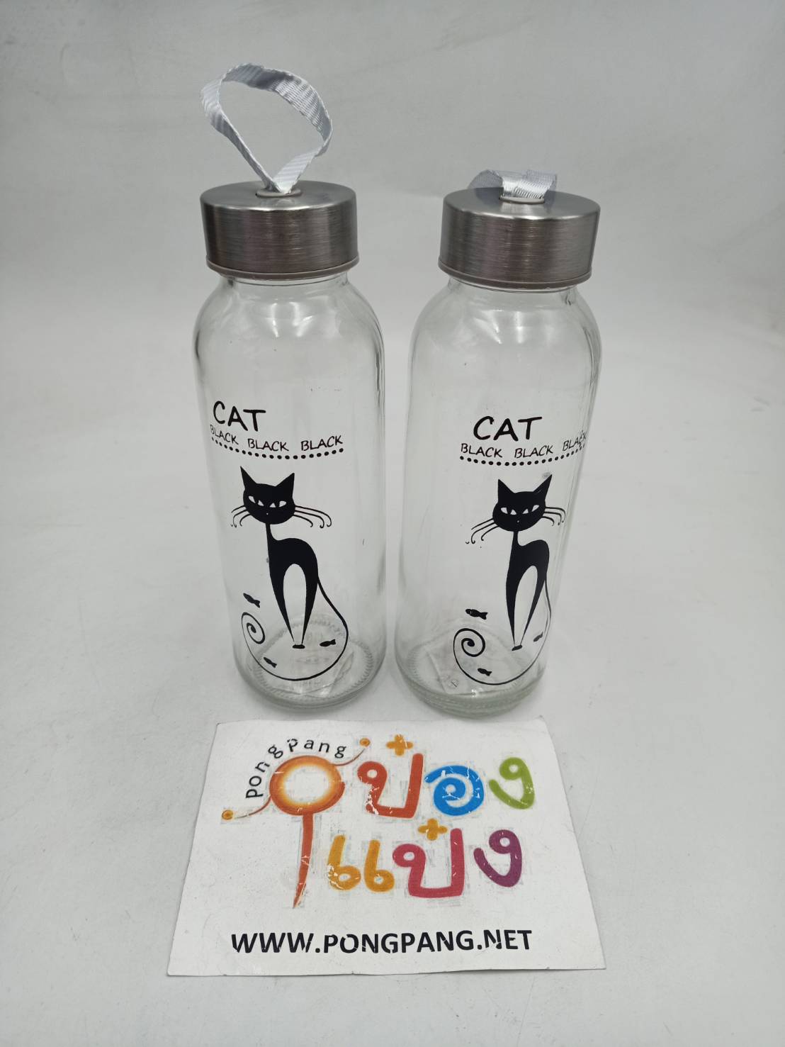 ขวดน้ำ ขวดแก้วสีใส ขายยกลัง มีลายแมว หูหิ้ว ***(ขายยกลัง)*** (*100)