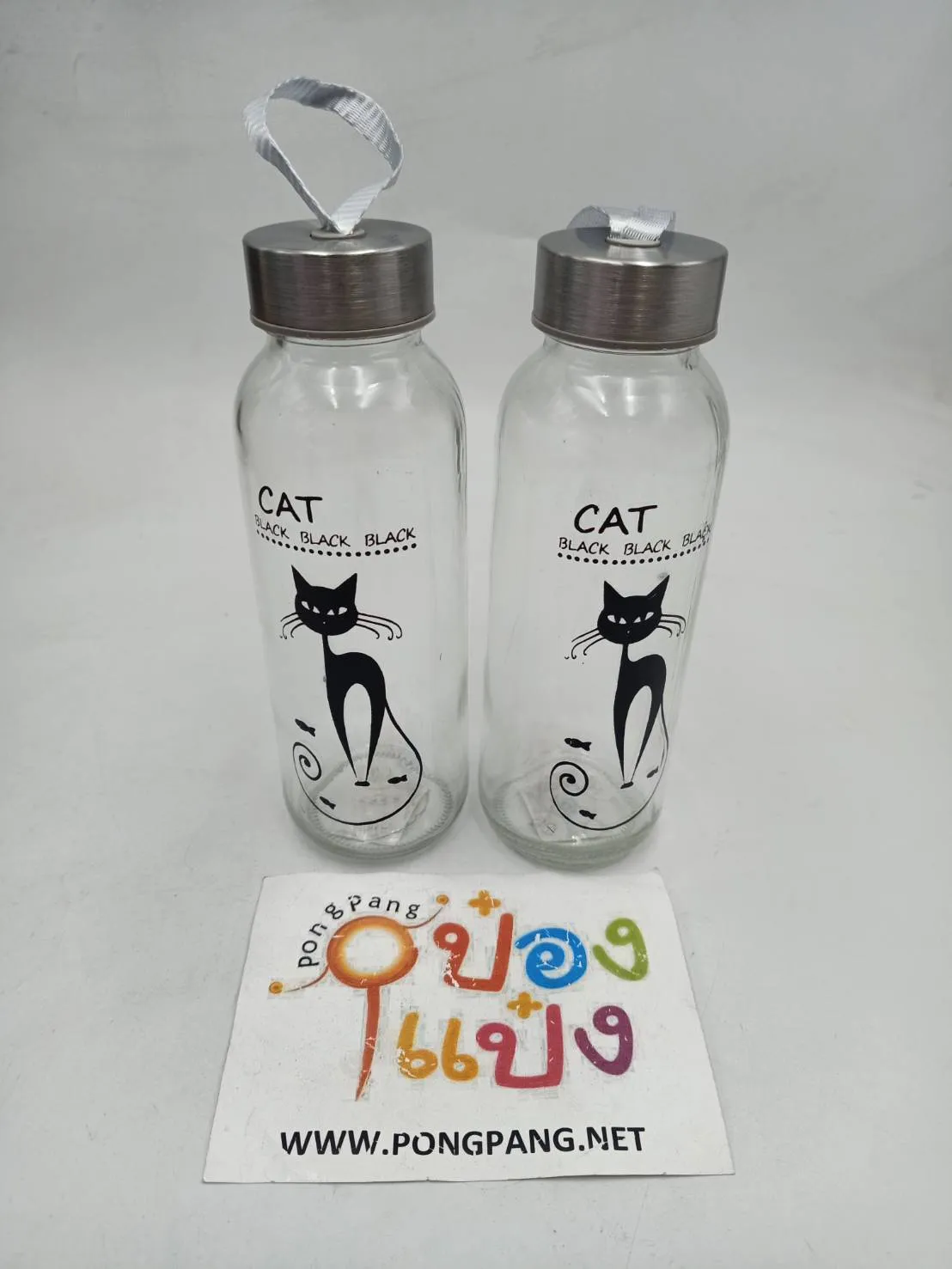 ขวดน้ำ ขวดแก้วสีใส ขายยกลัง มีลายแมว หูหิ้ว ***(ขายยกลัง)*** (*100)