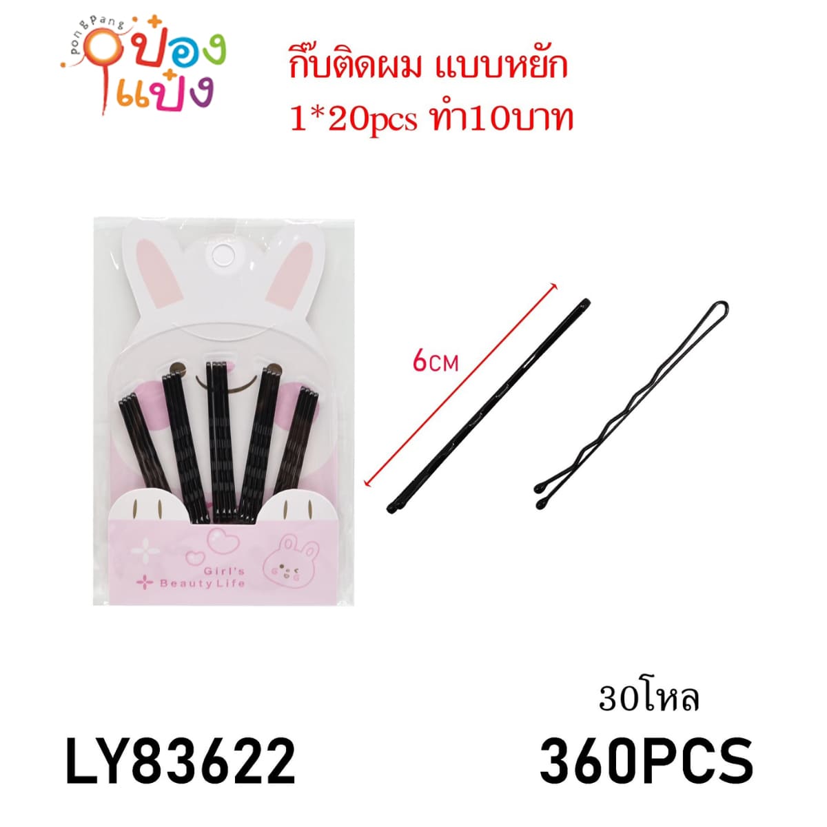 กิ๊บดำหนีบผม แผงพลาสติก 1x20ชิ้น กิ๊บคละแบบ1*360