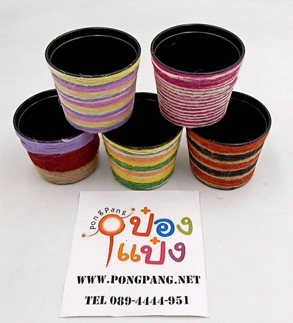 กระถางเล็ก DIY  พลาสติก หุ้มเชือกปอ คละสี 8x6x6.5 cm. (1*12)