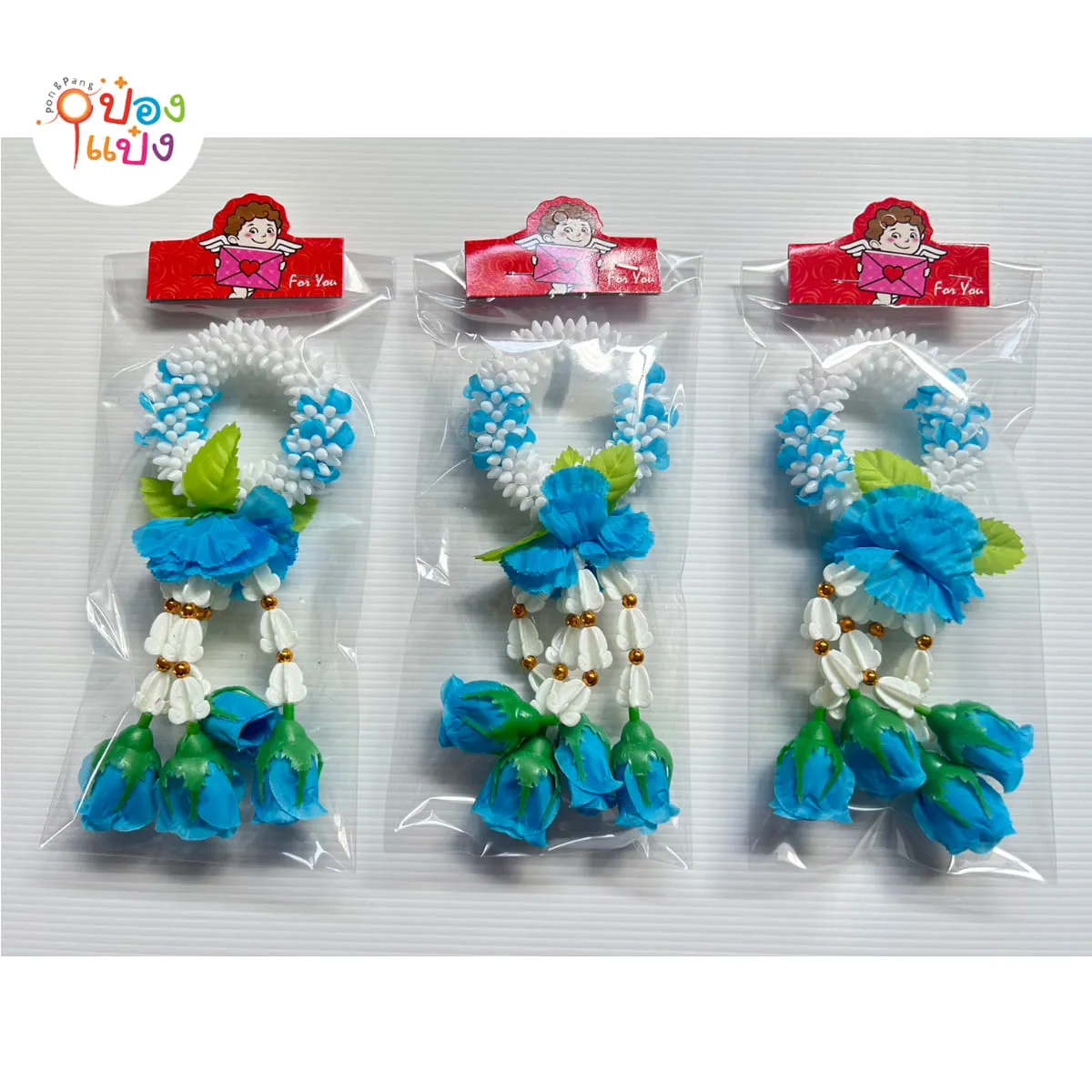 พวงมาลัยมะลิสองสี กลม ดอกไม้ตรงกลางใหญ่ กุหลาบสี ขนาด3นิ้ว ซองใส (1*12)