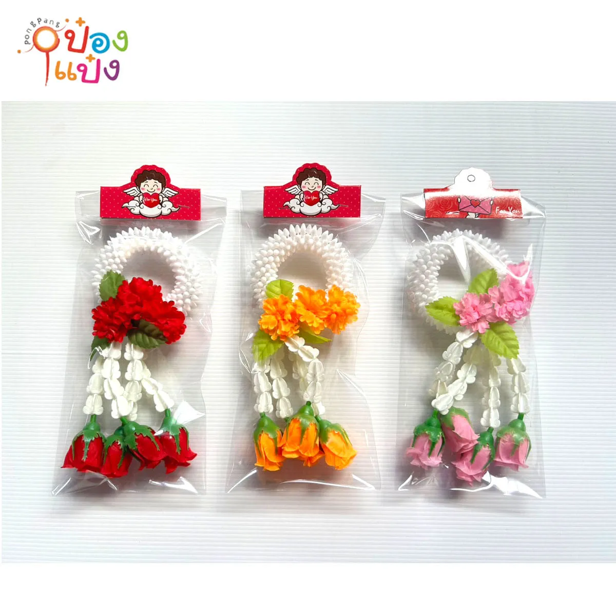 พวงมาลัยมะลิ กลม ดอกไม้ตรงกลางเล็ก กุหลาบสี ขนาด3นิ้ว 17.5x19x2CM ซองใส (1*12)