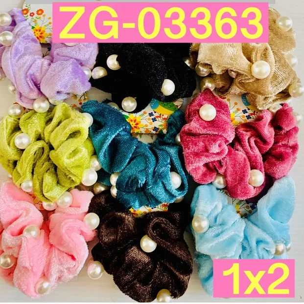 ยางมัดผม กำมะหยี่ใหญ่ ติดไข่มุก 1x2 คละสี (1*12)
