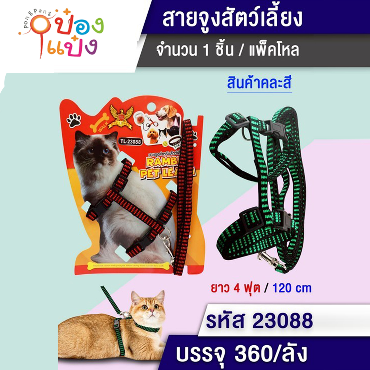 สายจูงแมว ยาง4ฟุต 120CM คละสี 1*360 T5429 W10068