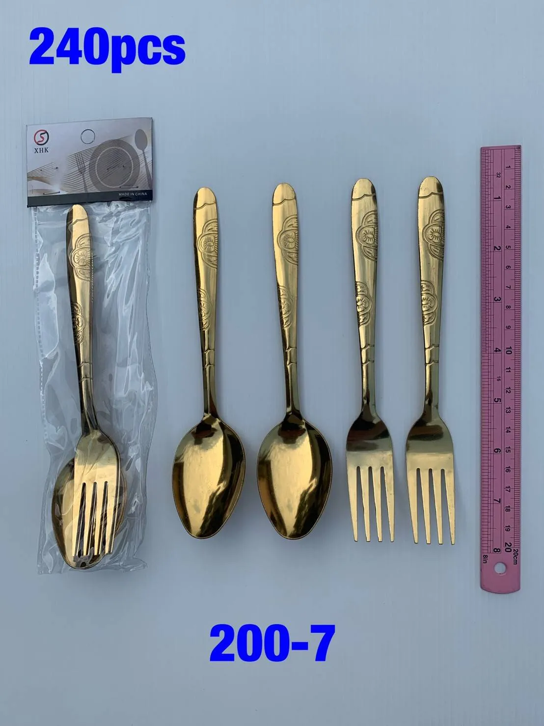 ชุดช้อนส้อม 7นิ้ว ด้ามลายดอกไม้ 2คู่ สีทอง 1*240