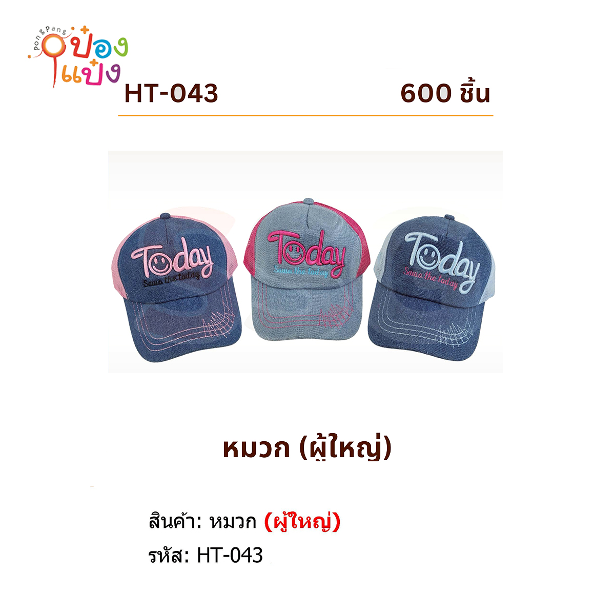 หมวกแก๊ปผู้ใหญ่ปักอักษร คละสี 1*300