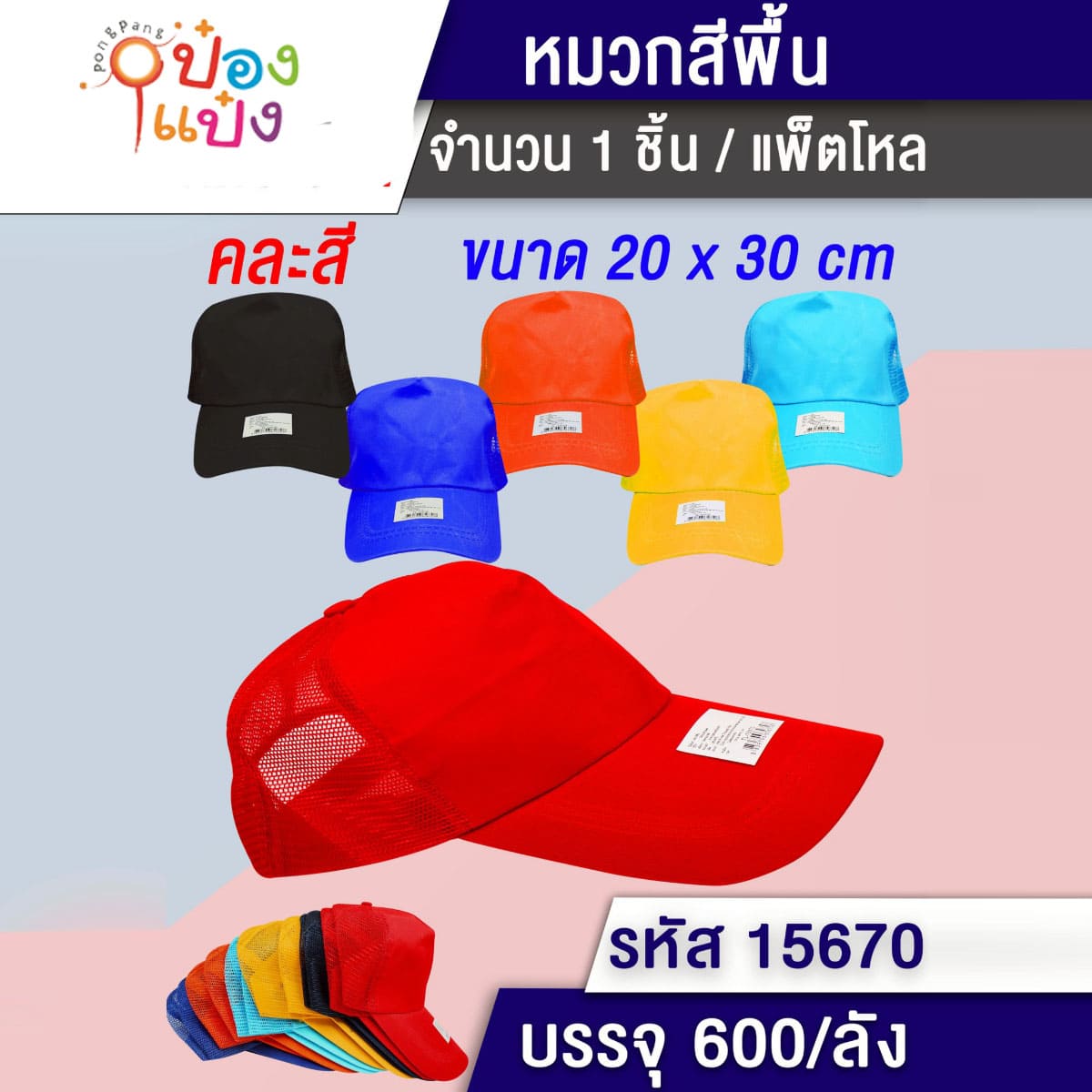 หมวกแก๊ปสีพื้นหลังตาข่าย 20x30CM คละสี 1*600