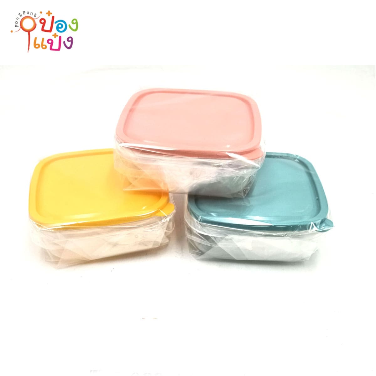 *กล่องใส่อาหาร ใส่ของ สี่เหลี่ยม 400 ml. ตัวใส ฝาคละสี 