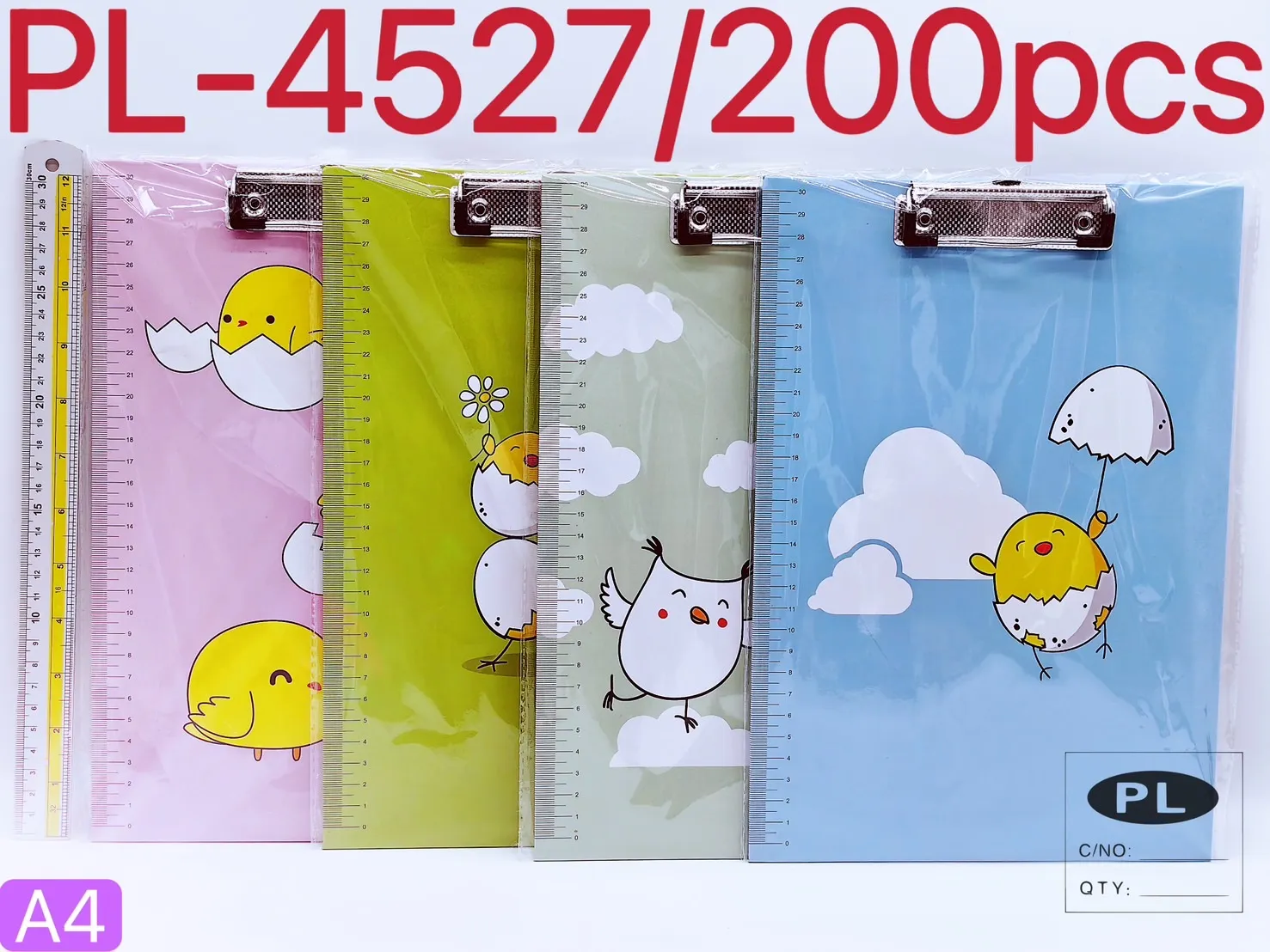 กระดานหนีบเอกสารA4  ขอบไม้บรรทัด คละลาย # PL4527