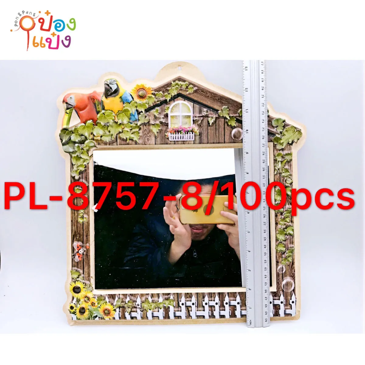 กระจก ติดผนัง ลายบ้าน ขอบพลาสติก 1x100